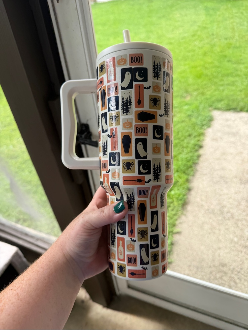 White Halloween Patterned Travel Tumbler with Handle
